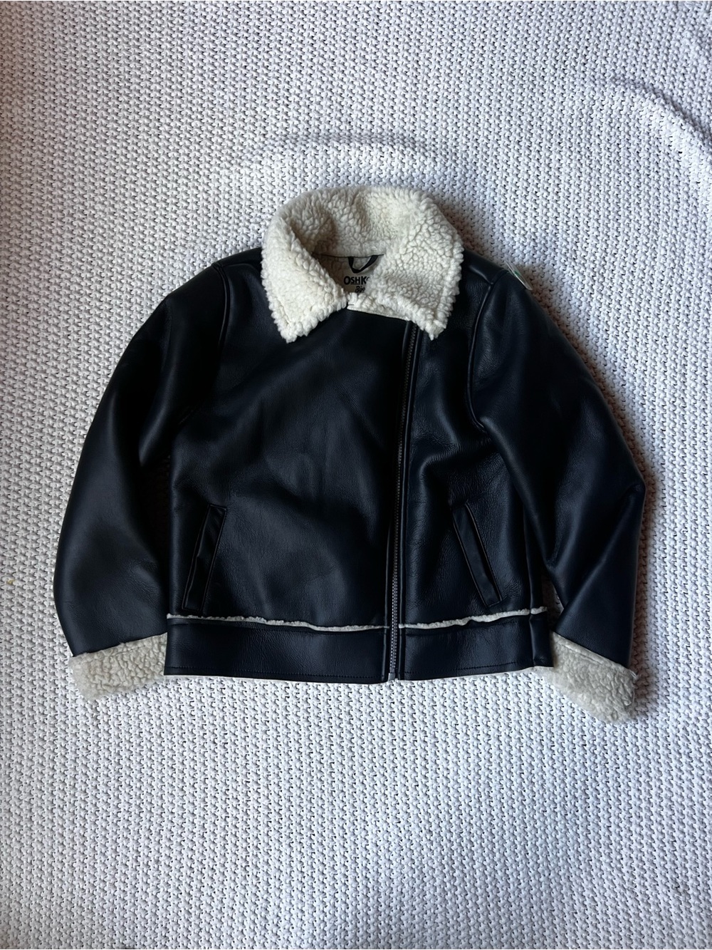 NWOT OshKosh B'gosh Faux Leather Black Jacket with Cream Sherpa Collar Size 8